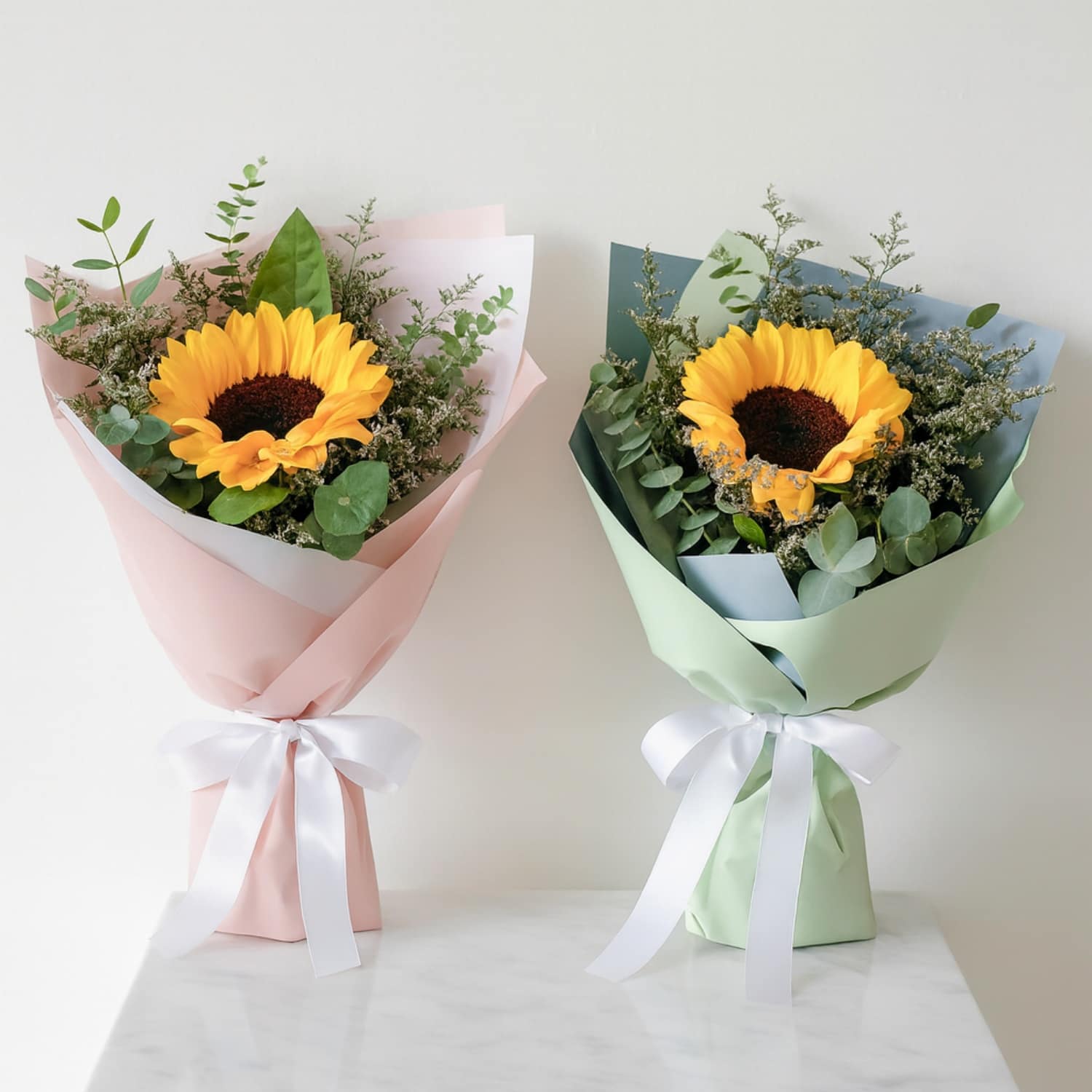 sunflower green wrap pink wrap white ribb