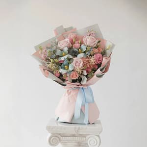 Blue Tulips and pink roses - Serenity Blooms