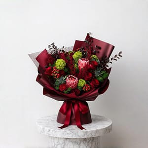 Protea and red roses - The Scarlet Empress